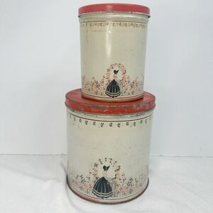 Vintage Set‎ Of 2 Retro Metal Canister STORAGE Floral flower Lady Shabby Chic